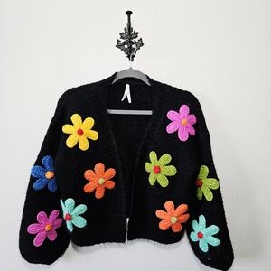 Dreamers Floral Daisy Cardigan Sweater Size S Black Multi Colour Flower Power